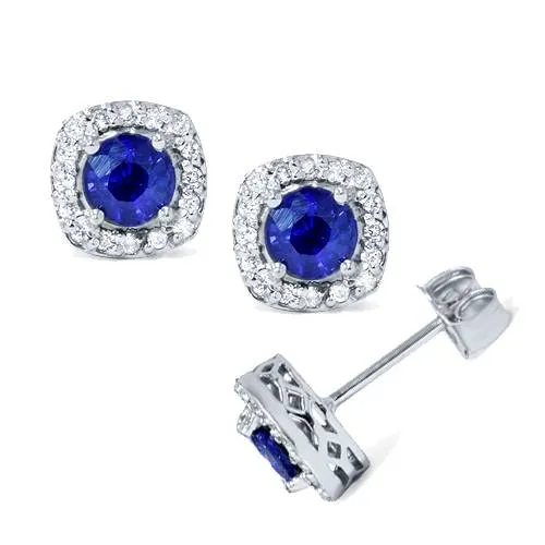 1 5/8ct Pave Halo Sapphire Diamond Studs 14K White Gold