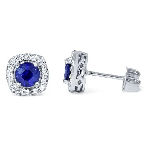 1 5/8ct Pave Halo Sapphire Diamond Studs 14K White Gold