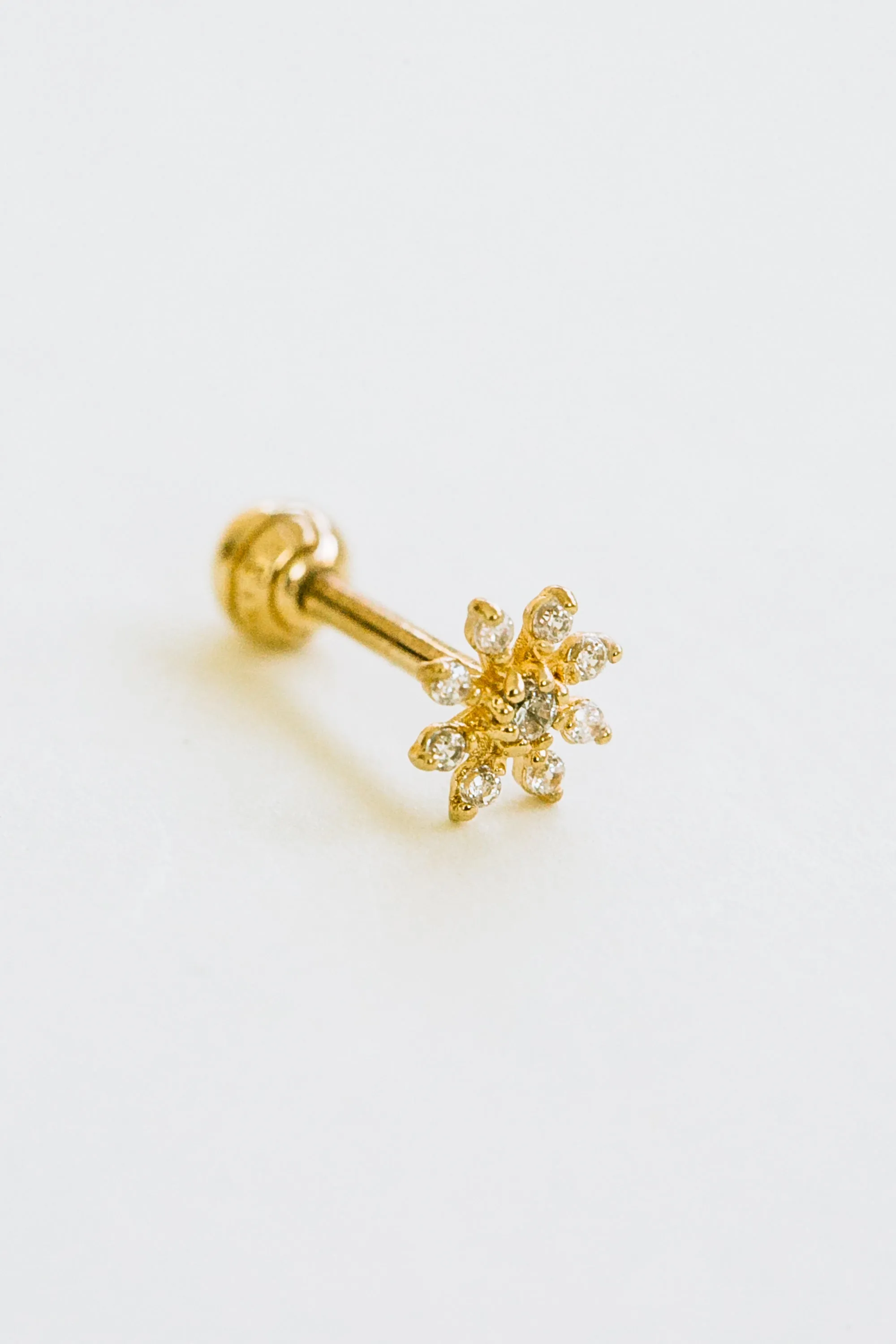 14k Gold Sharp Petal Flower Barbell Ear Stud Piercing