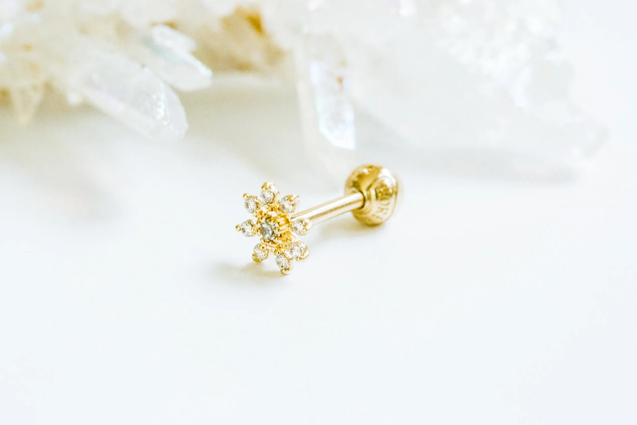 14k Gold Sharp Petal Flower Barbell Ear Stud Piercing