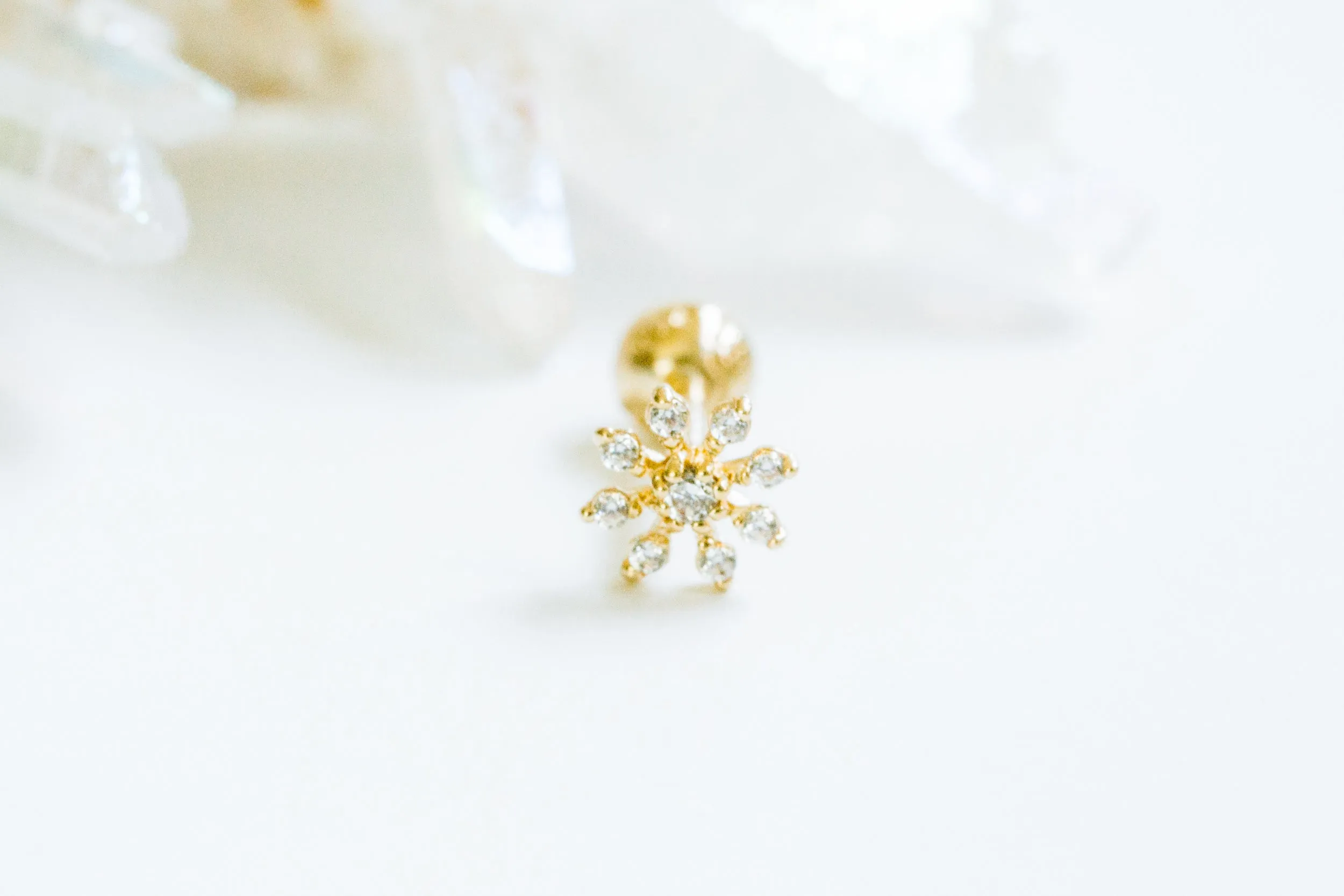 14k Gold Sharp Petal Flower Barbell Ear Stud Piercing