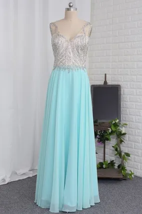 2024 Open Back V Neck Beaded Bodice Prom Dresses A Line Chiffon P6JPRPMK