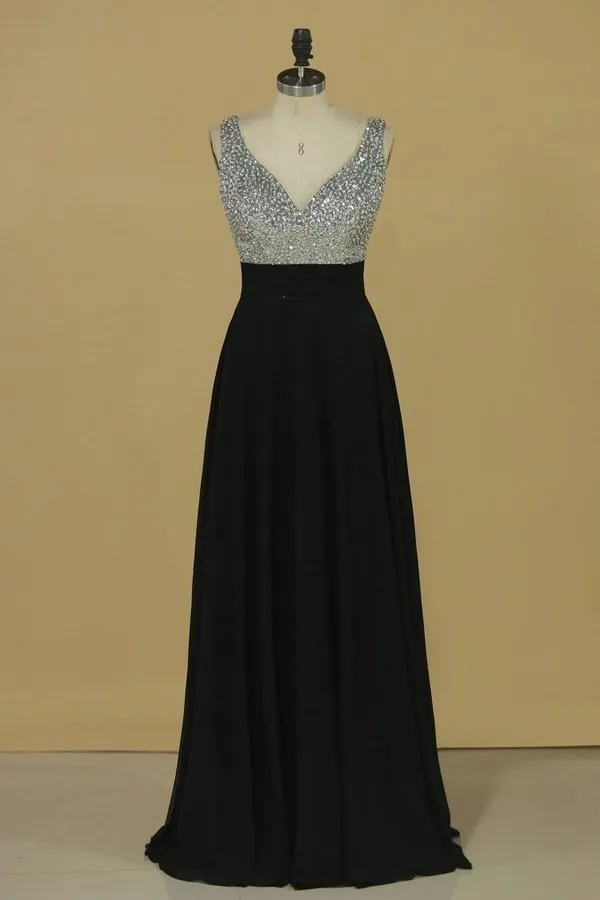 2024 V Neck Prom Dresses A Line Beaded Bodice Chiffon PMG52ZKH