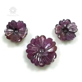 23.00cts Natural Untreated Pink VIOLET SAPPHIRE Gemstone Hand Carved FLOWER 12mm - 16mm 3pcs Set For Jewelry