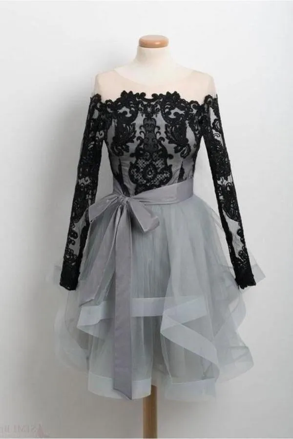 A Line Black Lace Off Shoulder Homecoming Dresses With PAX1151P