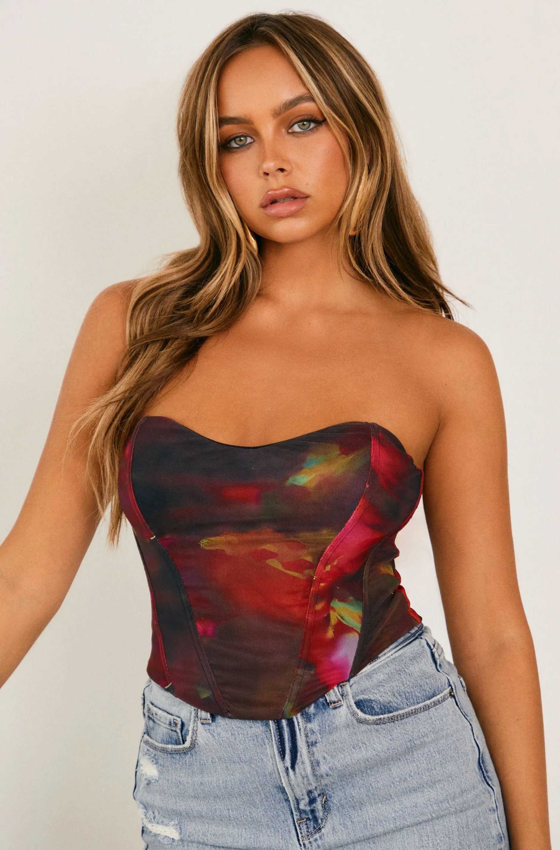 Amelya Strapless Corset Top - Print