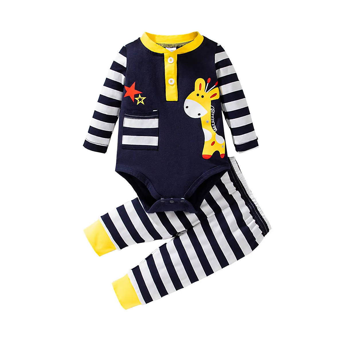 Baby Boys Cute Cartoon Giraffe Striped Print Jumpsuit Pants Set