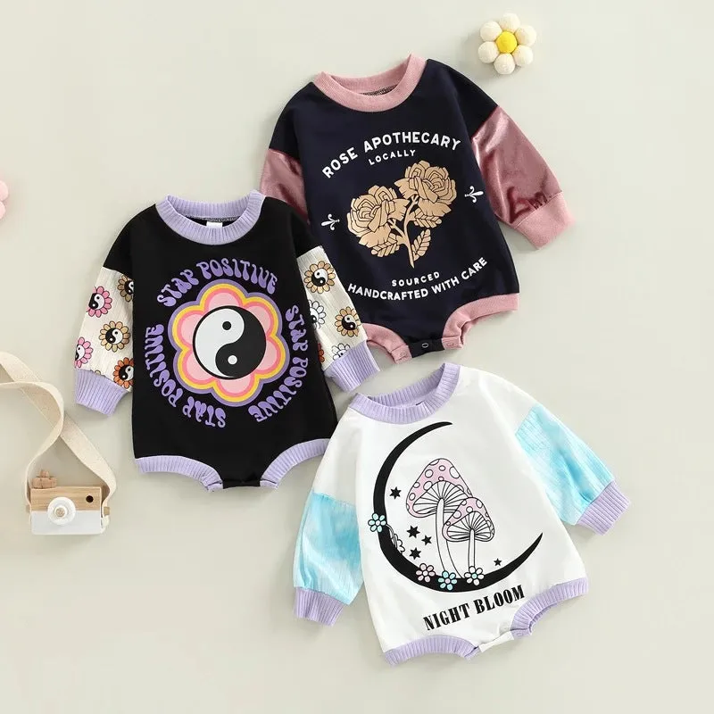 Baby Girls Solid Color Cartoon Print Long Sleeve Onesie Crawling Clothes