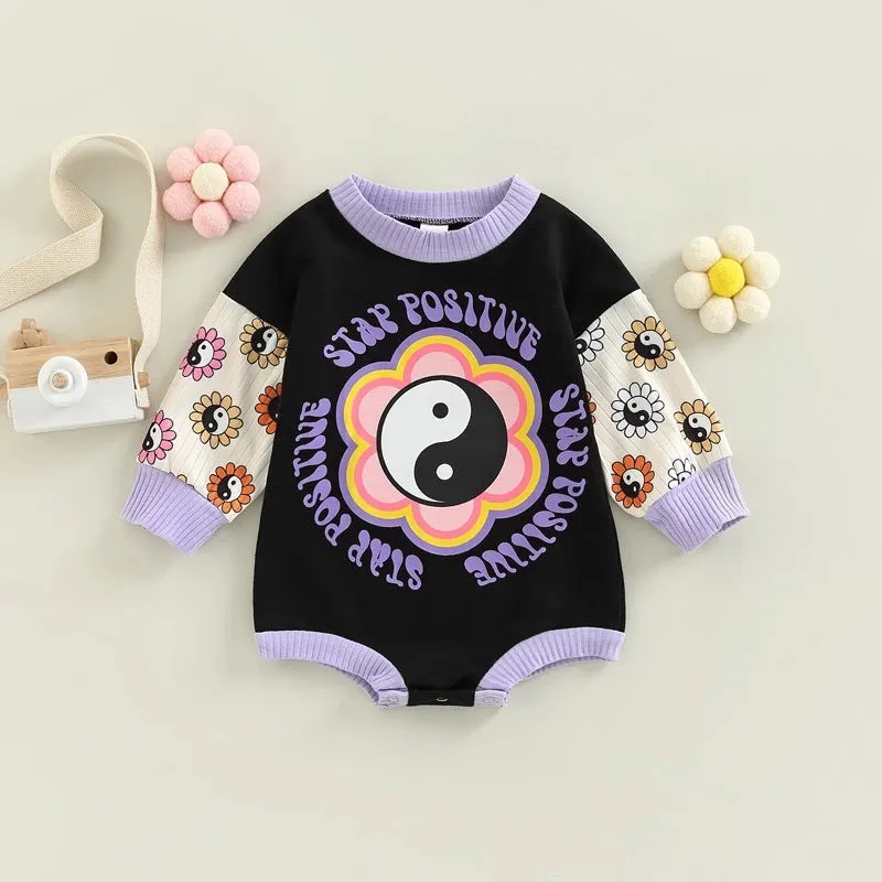 Baby Girls Solid Color Cartoon Print Long Sleeve Onesie Crawling Clothes