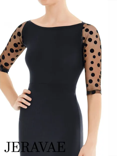 Ballroom or Latin Practice Top with Polka Dot Mesh Half Length Sleeves and Boat Neck Available in M-XL PRA 650