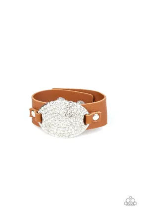 Better Recognize Brown Leather and White Rhinestone Urban Wrap Snap Bracelet - Paparazzi Accessories