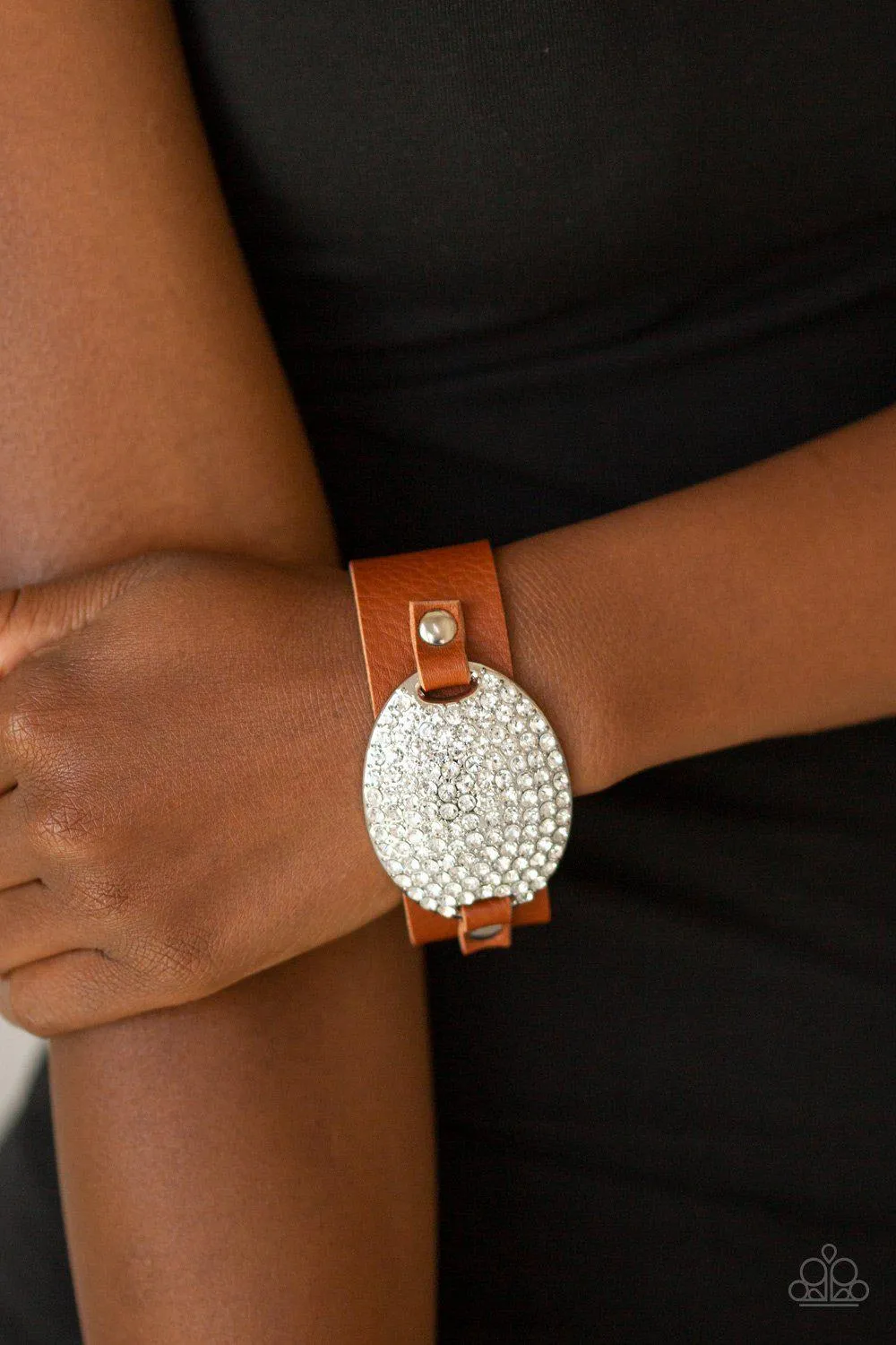 Better Recognize Brown Leather and White Rhinestone Urban Wrap Snap Bracelet - Paparazzi Accessories