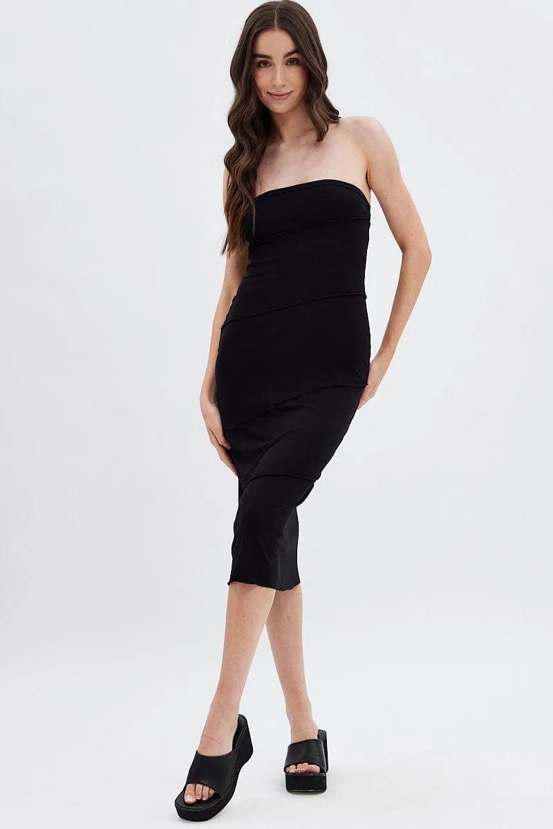 Black Ribbed Bodycon Midi Dress