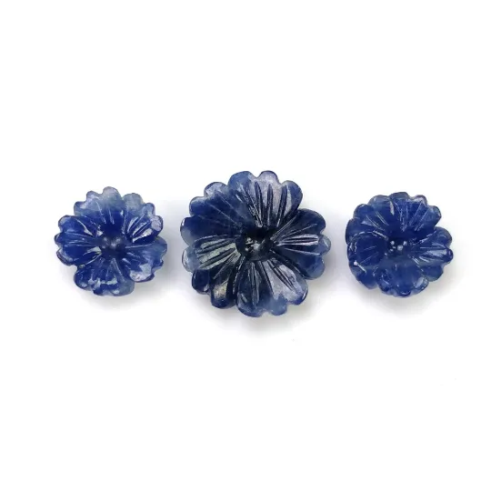 BLUE SAPPHIRE Gemstone Carving : 14.40cts Natural Untreated Unheated Sapphire Hand Carved Flower 10mm - 14mm 3pcs (With Video)