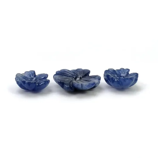 BLUE SAPPHIRE Gemstone Carving : 14.40cts Natural Untreated Unheated Sapphire Hand Carved Flower 10mm - 14mm 3pcs (With Video)