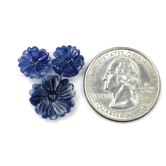 BLUE SAPPHIRE Gemstone Carving : 14.40cts Natural Untreated Unheated Sapphire Hand Carved Flower 10mm - 14mm 3pcs (With Video)