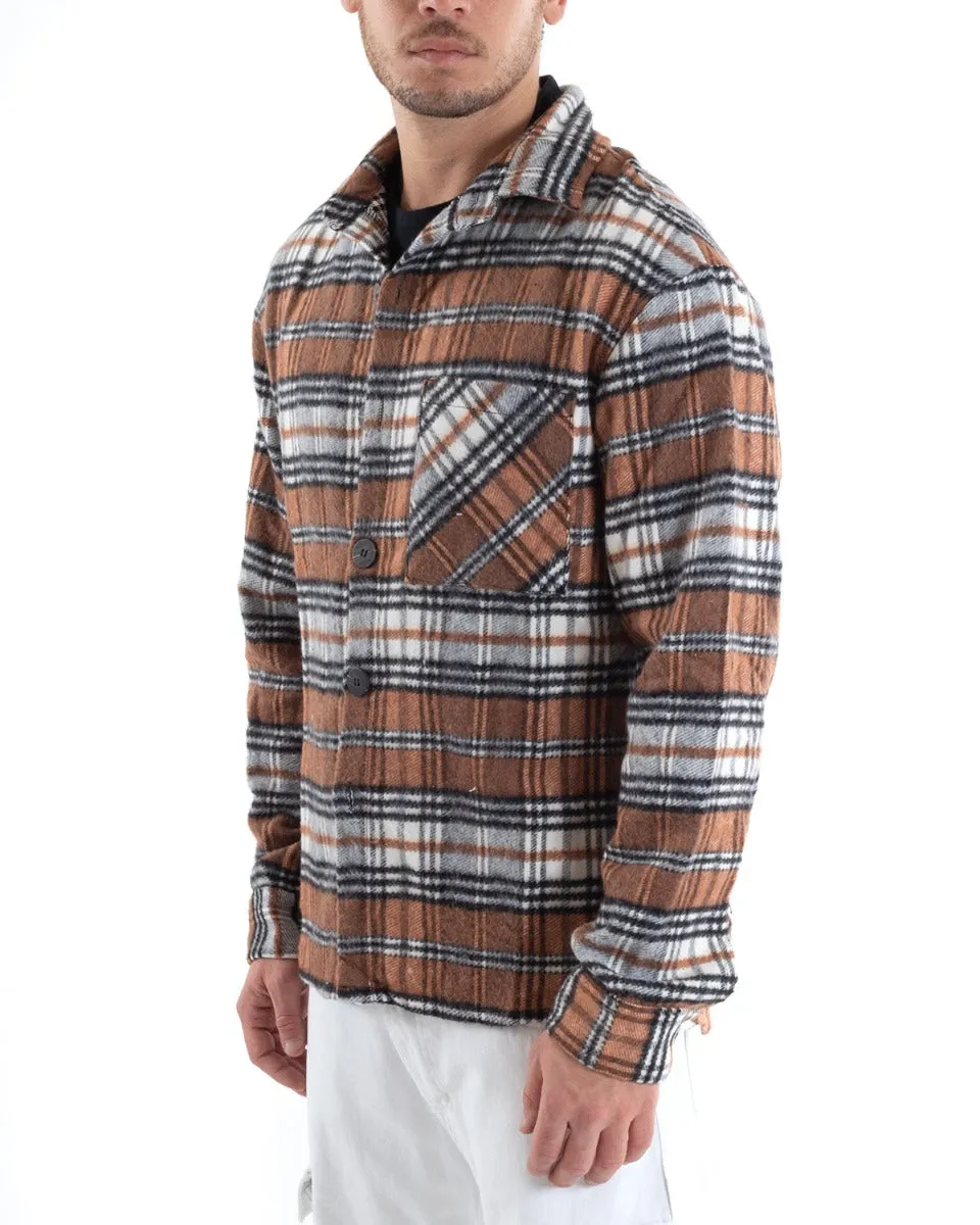 Camicia Camicione Uomo Con Colletto Calda Fantasia Quadri Scozzese Camel GIOSAL-C2649A