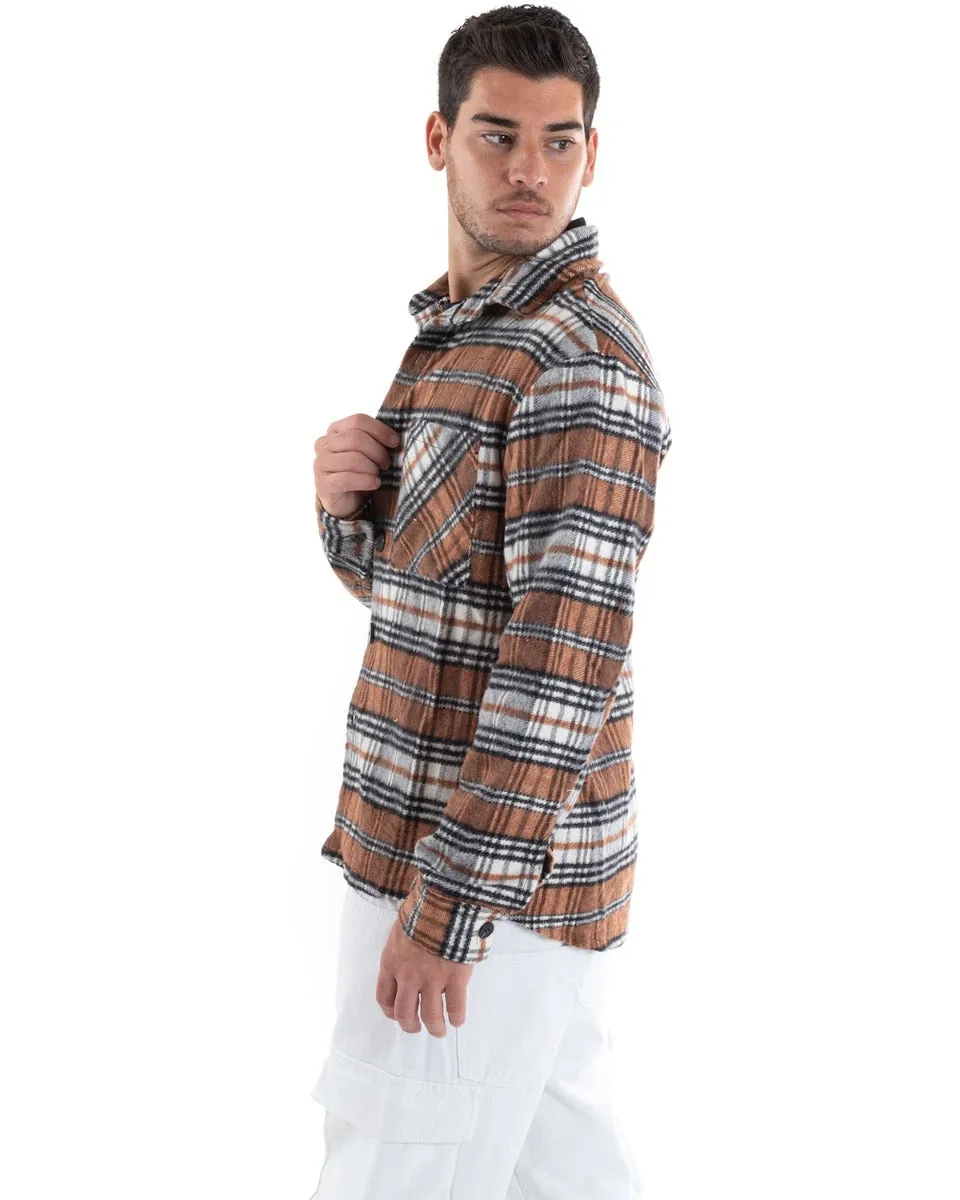 Camicia Camicione Uomo Con Colletto Calda Fantasia Quadri Scozzese Camel GIOSAL-C2649A