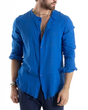 Camicia Uomo Sfrangiata Cotone Lino Manica Lunga Tinta Unita Blu Royal GIOSAL-C2842A