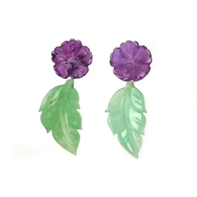 CHRYSOPRASE Purple SAPPHIRE Gemstones Carving : 19.10cts Natural Untreated Chrysoprase Hand Carved Leaf & Flower 13mm - 23.5*13mm 4pcs Set