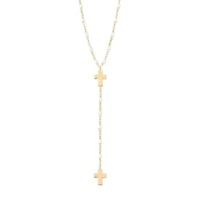 Cross Charm Classic Gigi White rosary, Yellow Gold, 16.5"