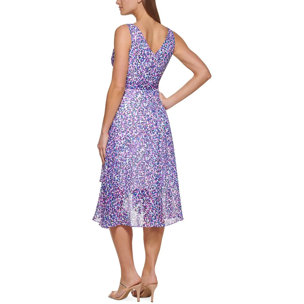 DKNY Womens Patterned Faux Wrap Midi Dress