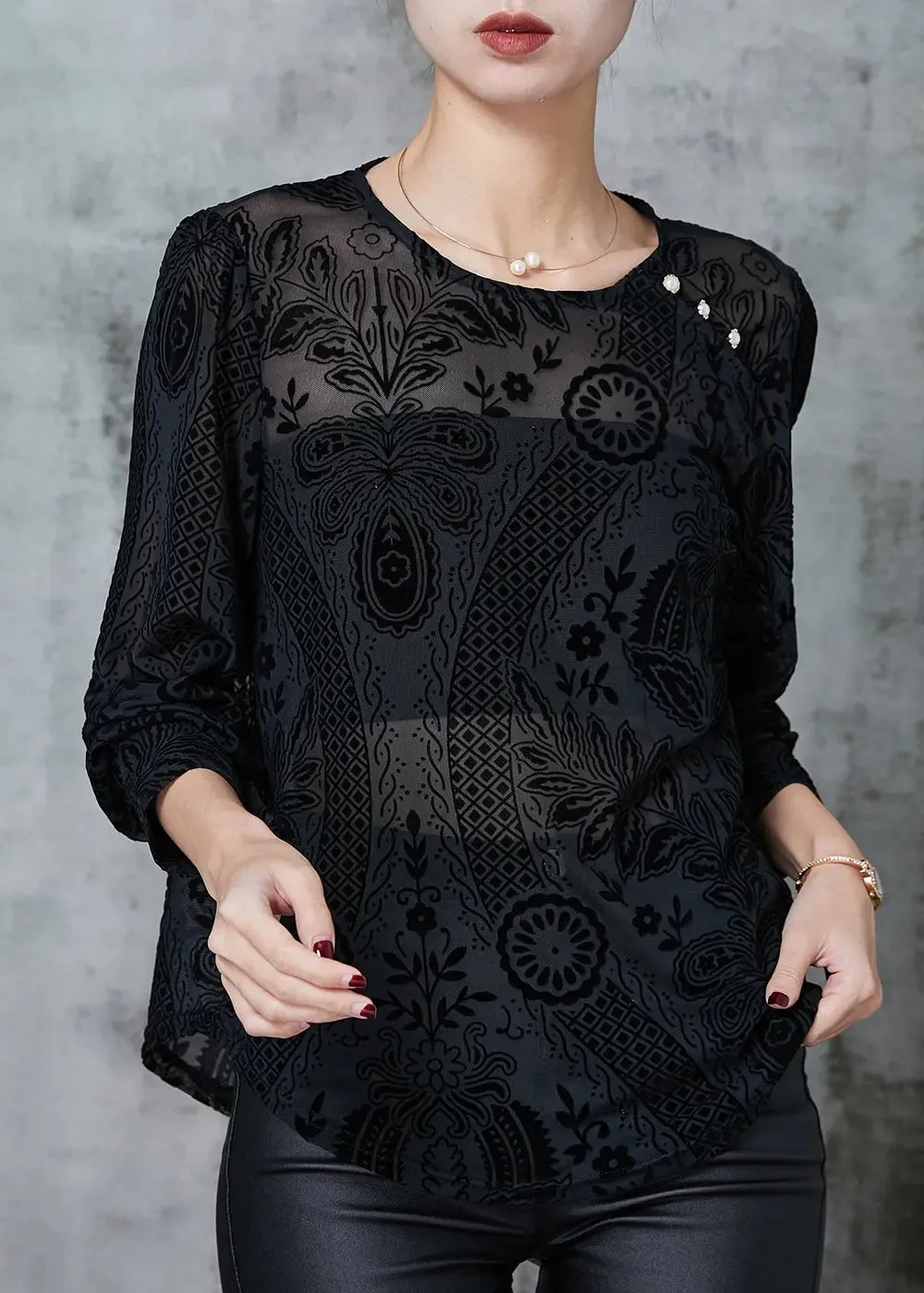 Elegant Black O-Neck Jacquard Lace Tops Spring JK1061