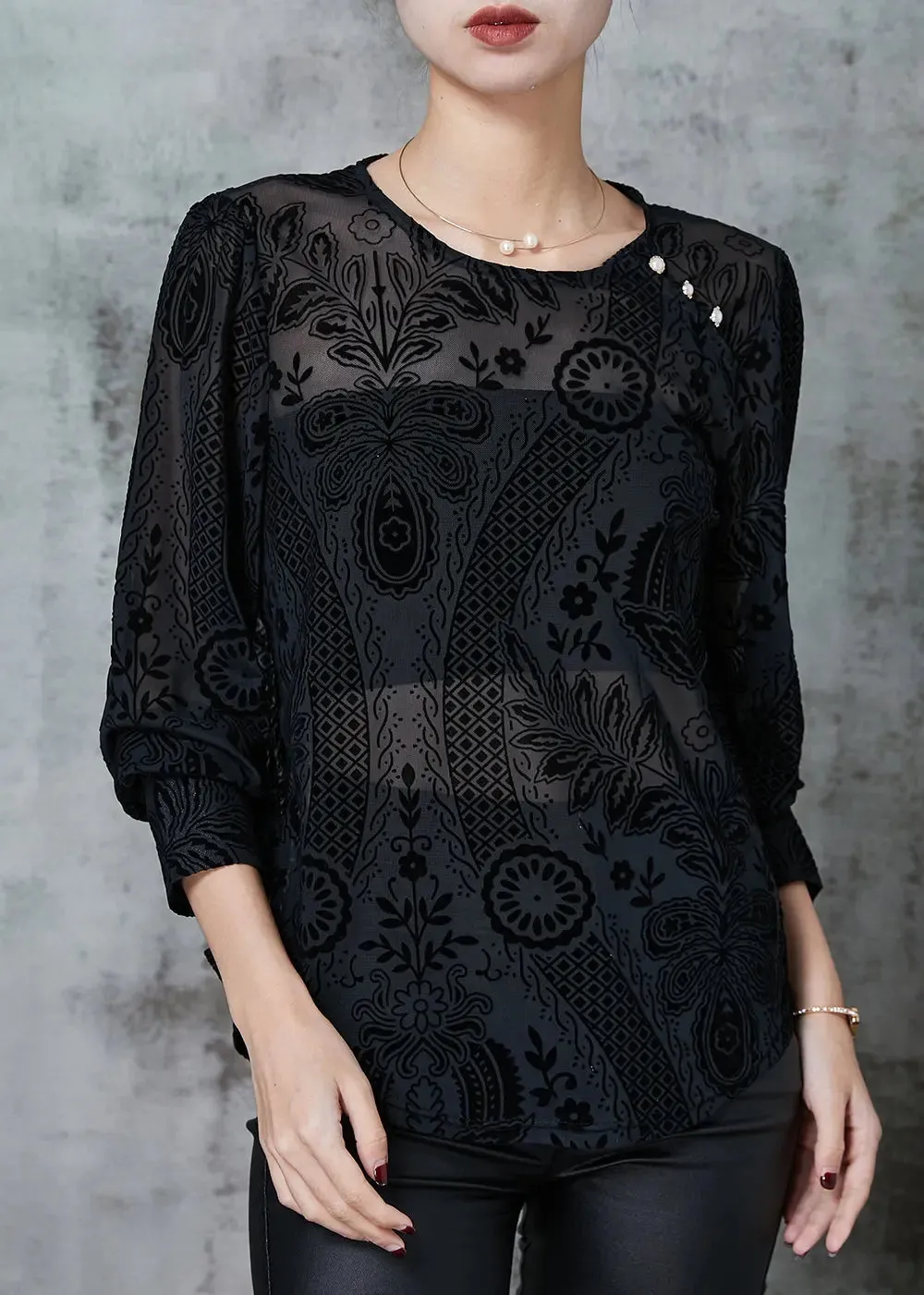 Elegant Black O-Neck Jacquard Lace Tops Spring JK1061