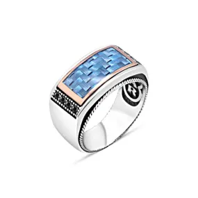 Enameled Ocean Blue Carbon with Zircon Stones Curved Silver Men's Ring