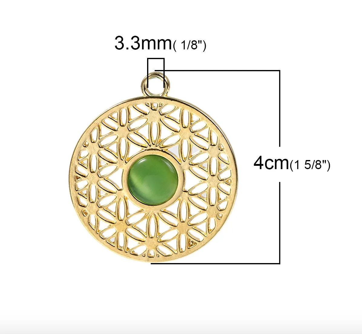 Flower of Life 2D Round Gold Color Green Resin Cat's Eye Pendant