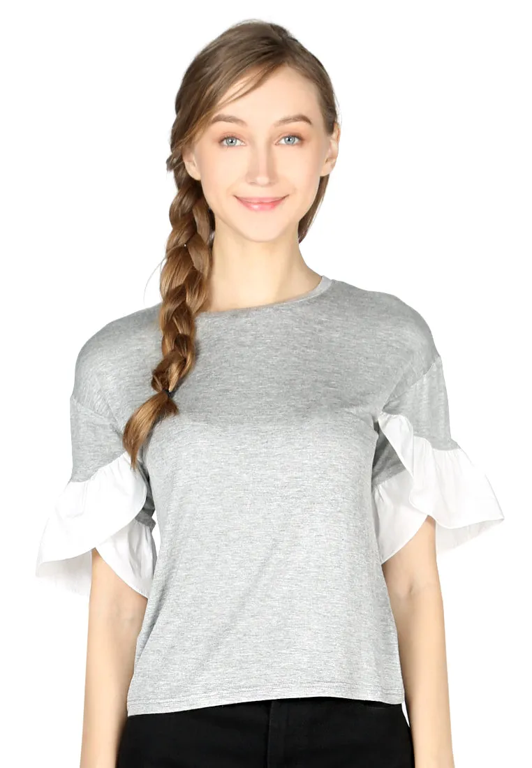 Grey Petal Sleeve Casual Top