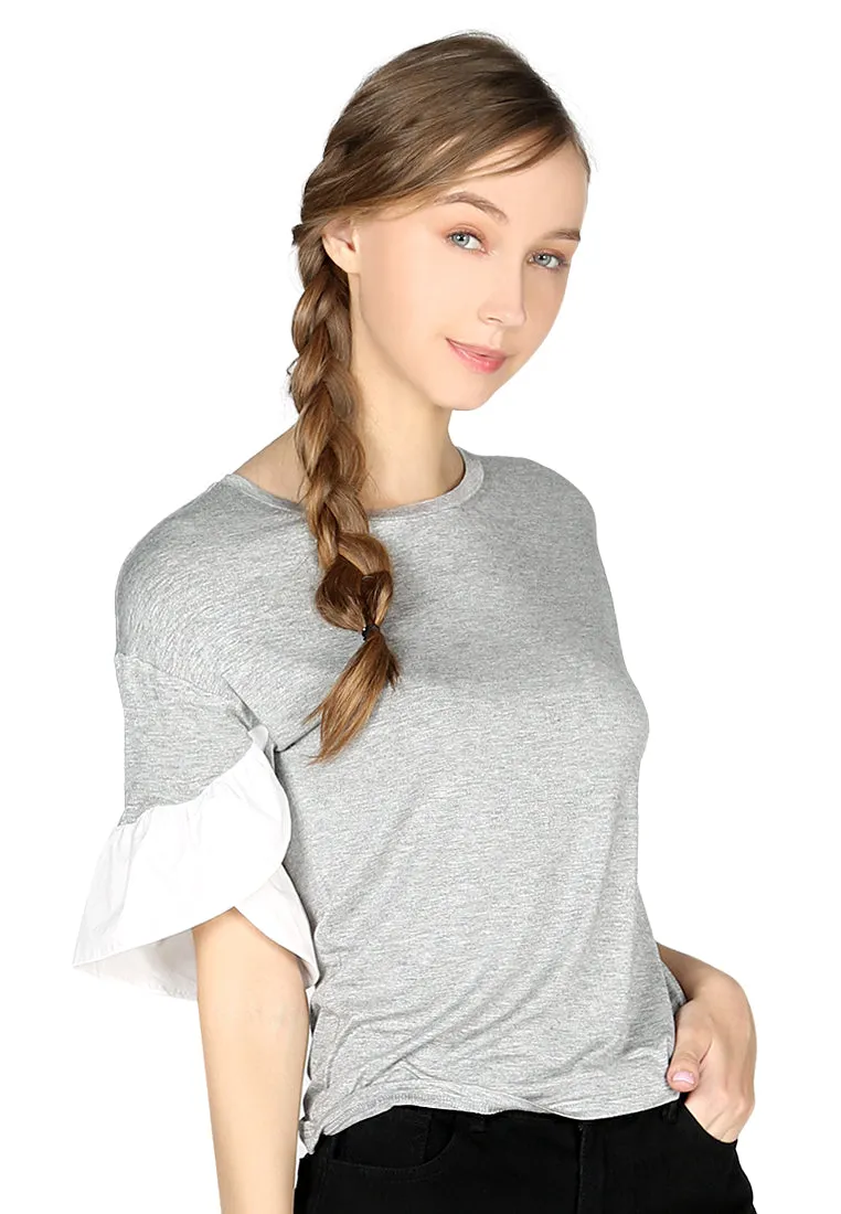 Grey Petal Sleeve Casual Top