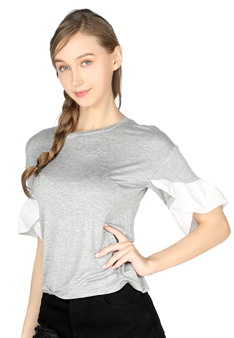 Grey Petal Sleeve Casual Top