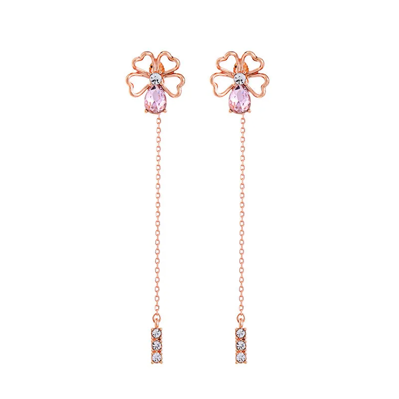 Heart Flower Crystal Water Drop Rose Gold Color Dangle Earrings