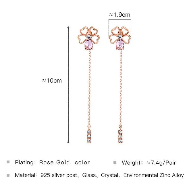 Heart Flower Crystal Water Drop Rose Gold Color Dangle Earrings