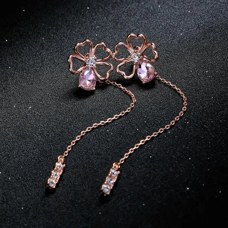 Heart Flower Crystal Water Drop Rose Gold Color Dangle Earrings