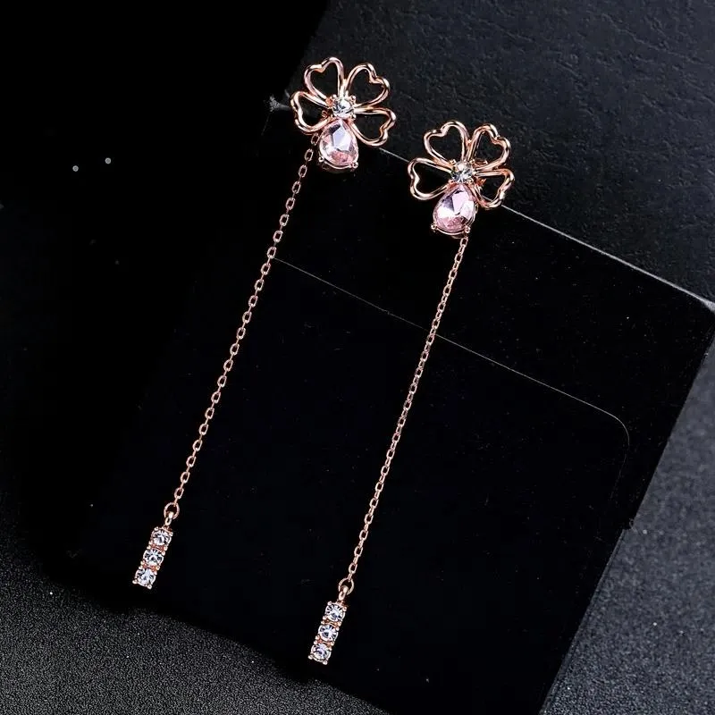 Heart Flower Crystal Water Drop Rose Gold Color Dangle Earrings