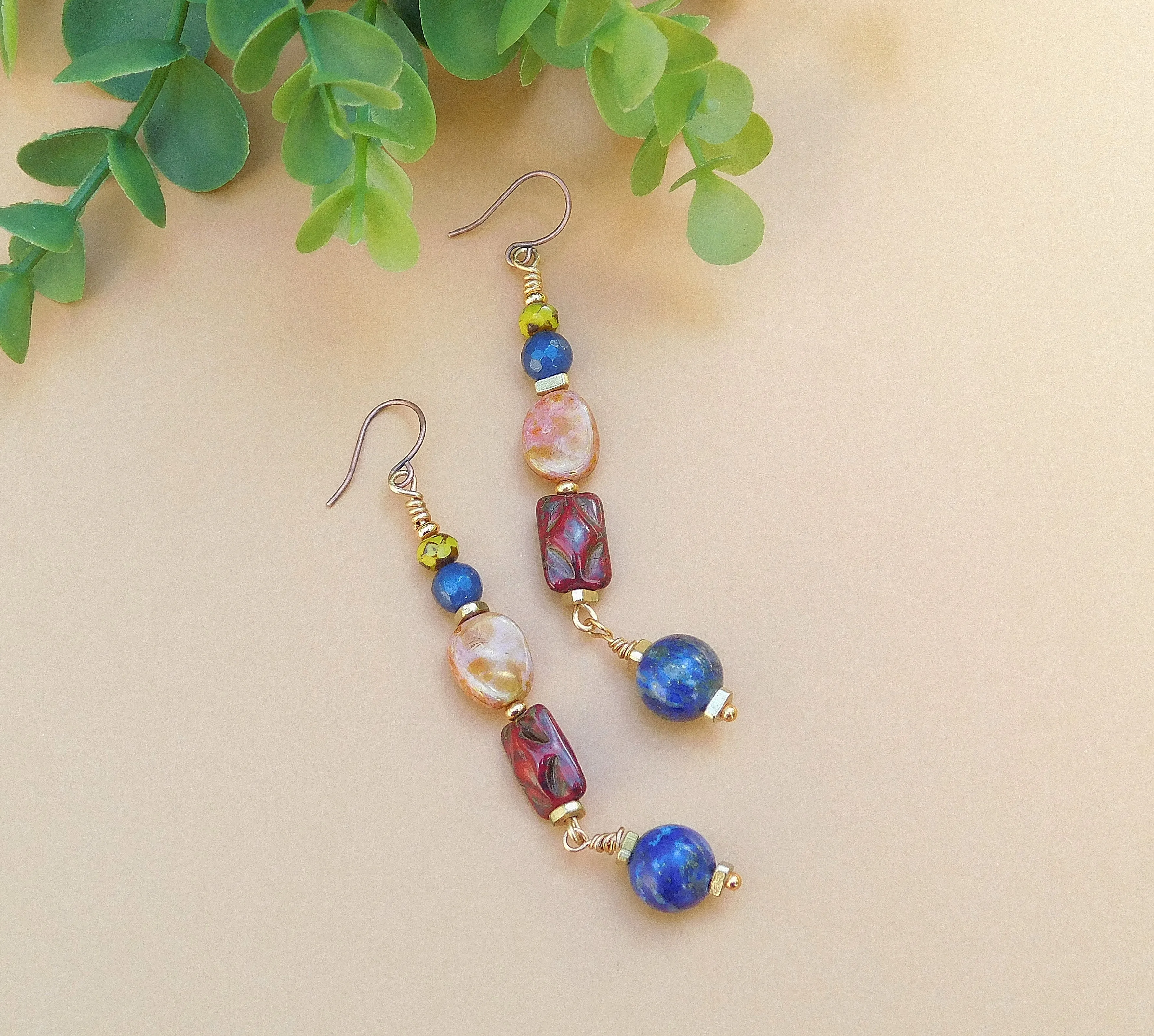 Lapis and Mixed Czech Boho Dangling Earring