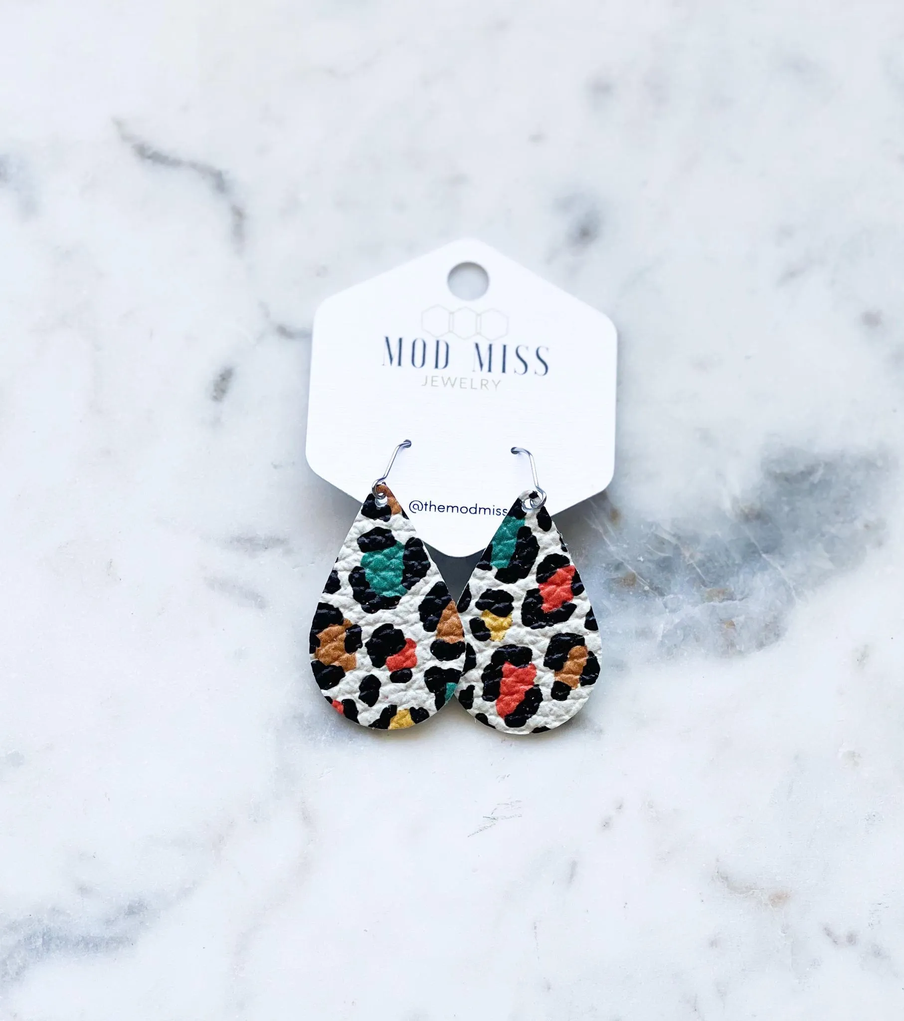 Leather Teardrop Earring Leopard Autumn