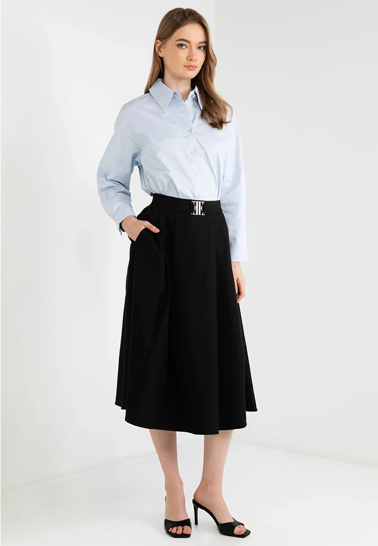 Logo Belted Pleated Midi Skirt