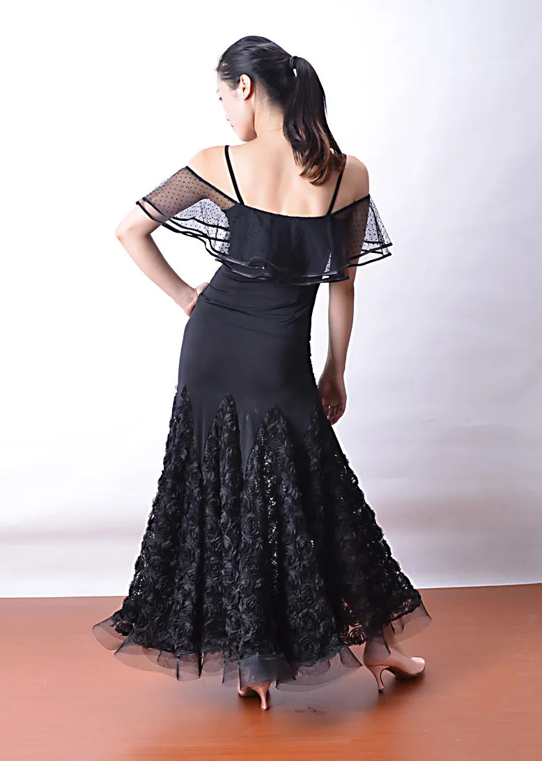 Long Black Ballroom Practice Skirt with 3D Floral Mesh Panels and Horsehair Hem Available in Sizes S-3XL PRA 514