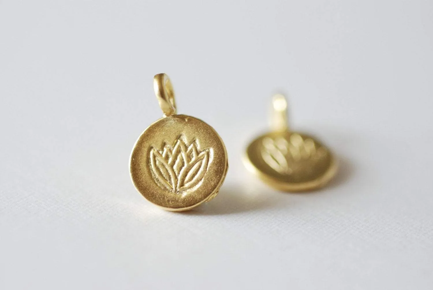 Matte Wholesale Vermeil Gold Lotus Flower Disc Charm- 18k gold plated over Sterling Silver Water Lily Round Disc, Yoga Charm, Ohm Om Disc, 36