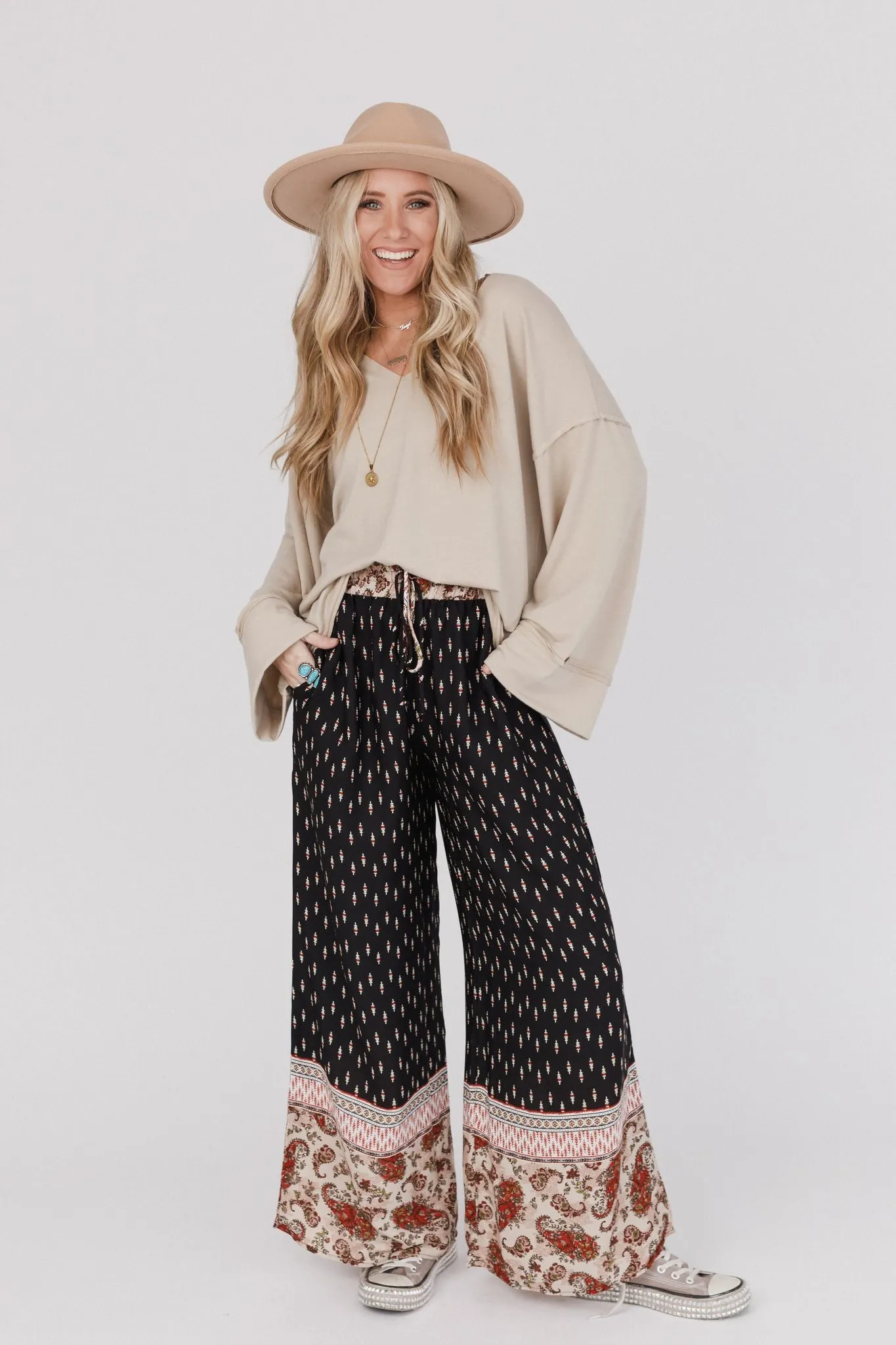 Nessie Wide Leg Drawstring Pant - Black