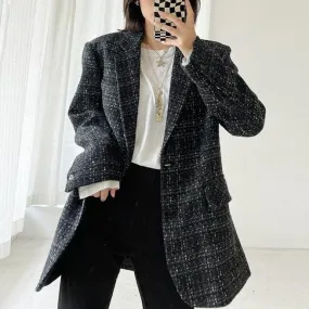 Oversize Black Tweed Blazer Suit Coat