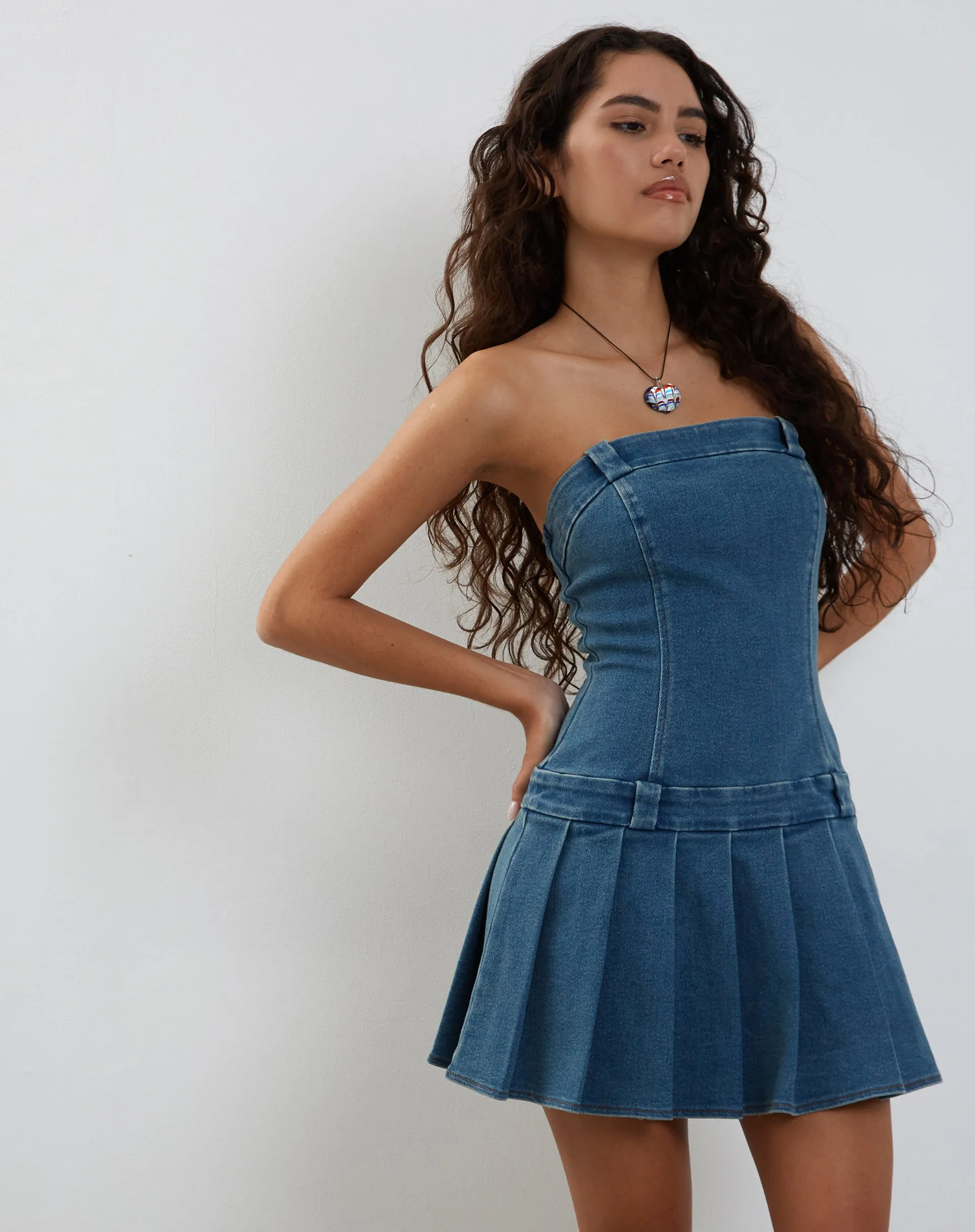 Pajaya Denim Bandeau Mini Dress in Blue Wash