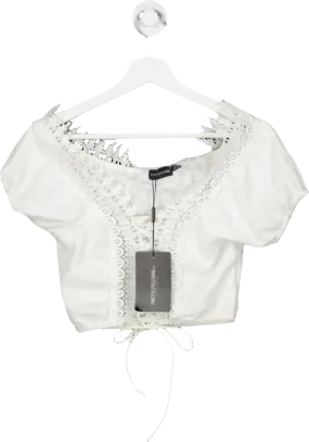 PrettyLittleThing White Lace Up Bardot Crop Top UK 10