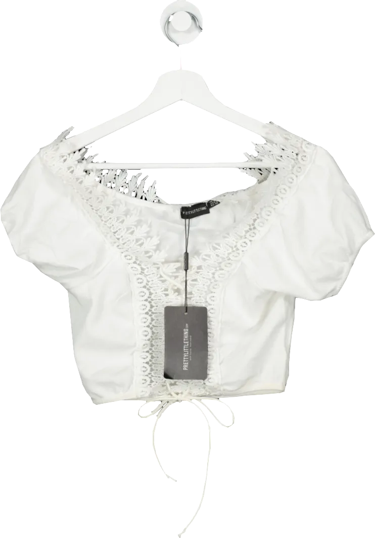 PrettyLittleThing White Lace Up Bardot Crop Top UK 10