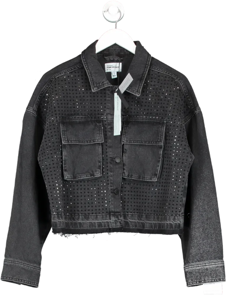 River Island Black Diamante Crop Denim Jacket UK M