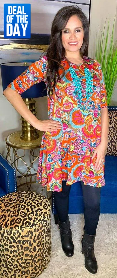 SM / MED * Orange and Pink Paisley Design Flutter Tunic Dress