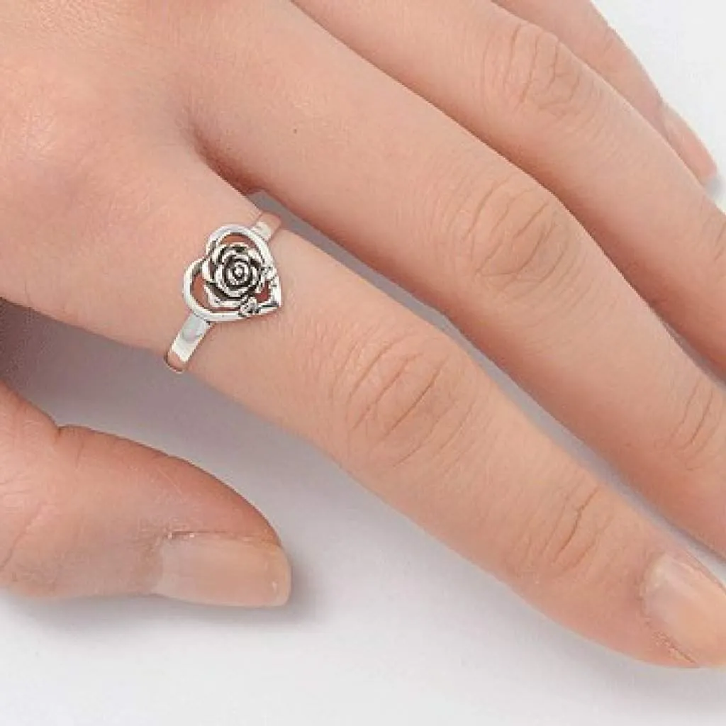 Sterling Silver Heart and Rose Ring